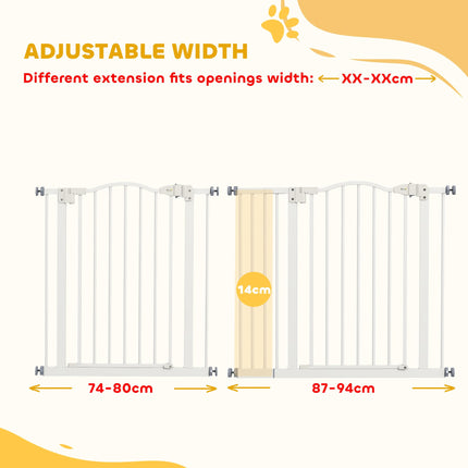 Adjustable Metal Pet Gate 74-94cm with Auto-Close Door Safety Barrier - White
