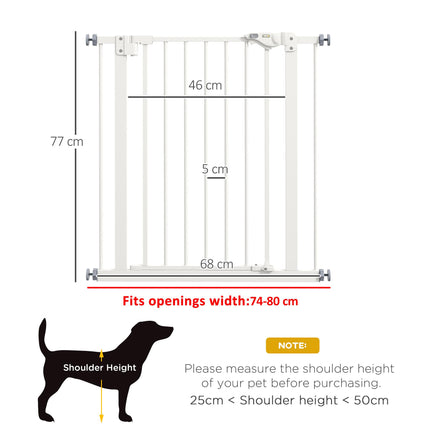 Adjustable Metal Dog Gate 74-80cm Wide with Automatic Closing - White