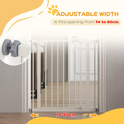 Adjustable Metal Dog Gate 74-80cm Wide with Automatic Closing - White