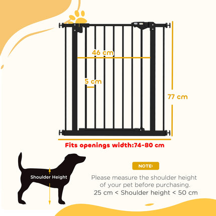 Adjustable Metal Dog Gate 74-80cm Wide with Automatic Closing Door - Black