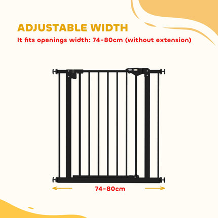 Adjustable Metal Dog Gate 74-80cm Wide with Automatic Closing Door - Black