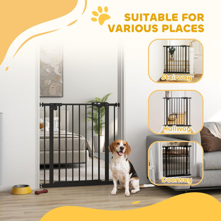 Adjustable Metal Dog Gate 74-80cm Wide with Automatic Closing Door - Black