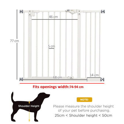 Adjustable Metal Dog Gate 74-94cm Wide with Automatic Closing - White