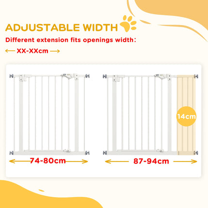 Adjustable Metal Dog Gate 74-94cm Wide with Automatic Closing - White