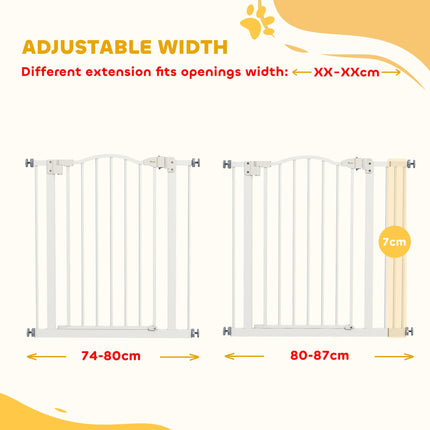 Adjustable 74-87cm Metal Pet Safety Gate with Auto-Close Door - White