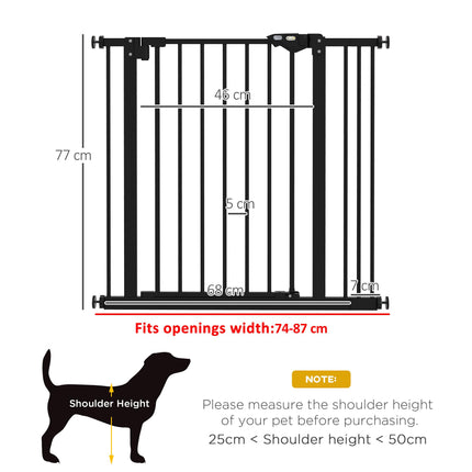 Adjustable Metal Dog Gate 74-87cm Wide with Automatic Closing - Black