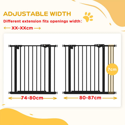 Adjustable Metal Dog Gate 74-87cm Wide with Automatic Closing - Black