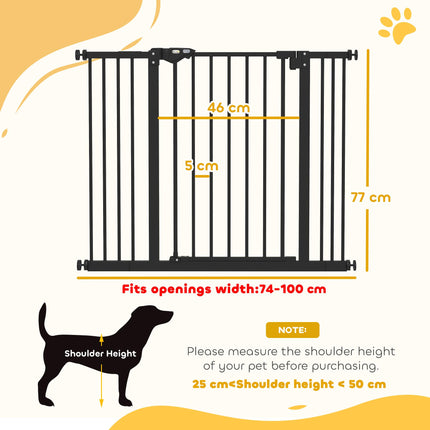 Adjustable Metal Dog Gate 74-100cm Wide with Auto Close Door - Black