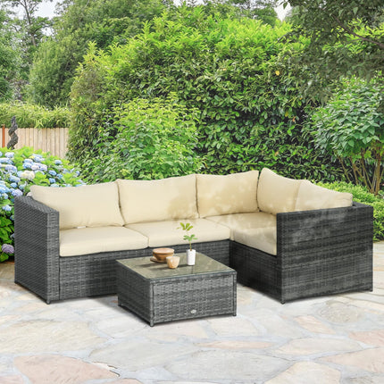 3Pcs 4-Seater Rattan Garden Patio Corner Sofa Set with Coffee Table and Cushions - Beige