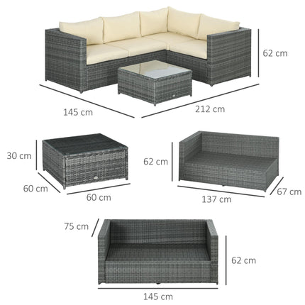 3Pcs 4-Seater Rattan Garden Patio Corner Sofa Set with Coffee Table and Cushions - Beige