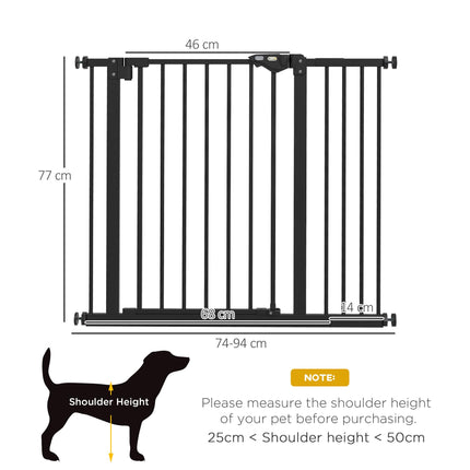Adjustable Metal Dog Gate 74-94cm Wide with Automatic Closing - Black