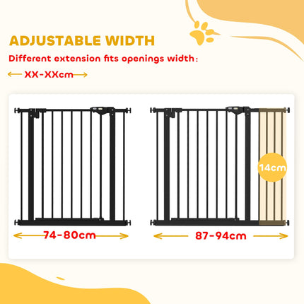 Adjustable Metal Dog Gate 74-94cm Wide with Automatic Closing - Black