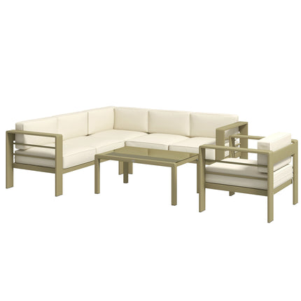 5-Piece Aluminium Garden Sofa Set with Cushions and Glass Top Coffee Table - Gold Tone
