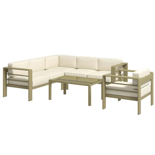 5-Piece Aluminium Garden Sofa Set with Cushions and Glass Top Coffee Table - Gold Tone