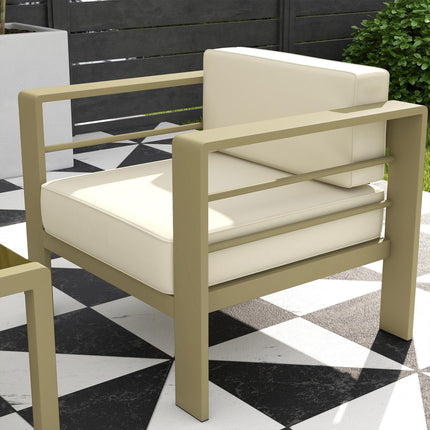 5-Piece Aluminium Garden Sofa Set with Cushions and Glass Top Coffee Table - Gold Tone