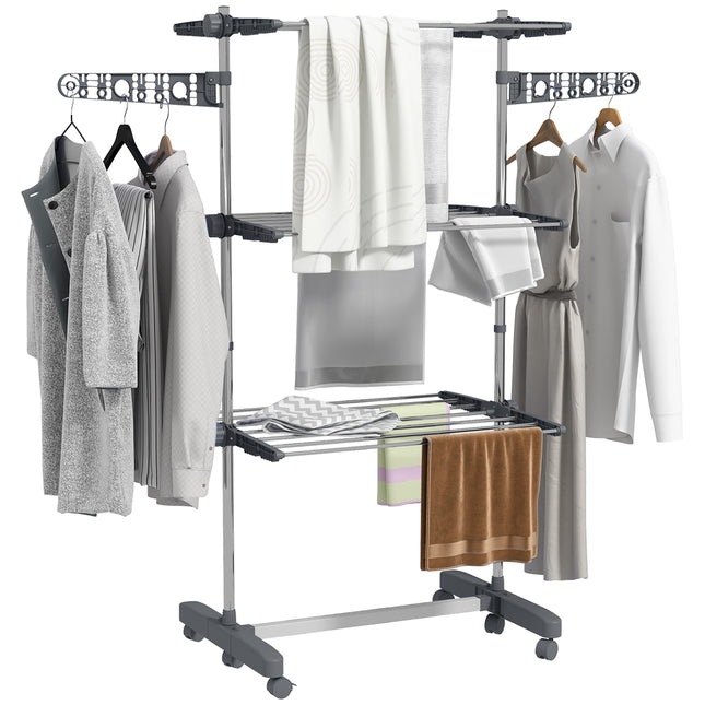 Three-Shelf Collapsible Clothes Horse with Side Arms and Wheels - Grey