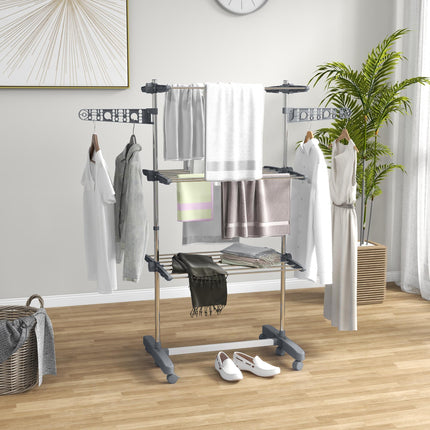 Three-Shelf Collapsible Clothes Horse with Side Arms and Wheels - Grey