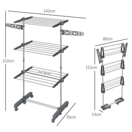 Three-Shelf Collapsible Clothes Horse with Side Arms and Wheels - Grey