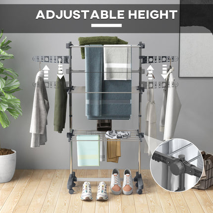 Three-Shelf Collapsible Clothes Horse with Side Arms and Wheels - Grey