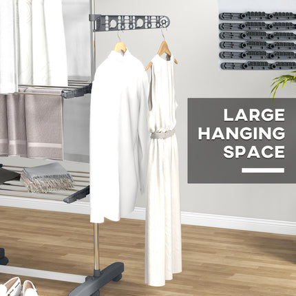 Three-Shelf Collapsible Clothes Horse with Side Arms and Wheels - Grey