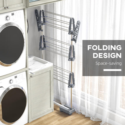 Three-Shelf Collapsible Clothes Horse with Side Arms and Wheels - Grey
