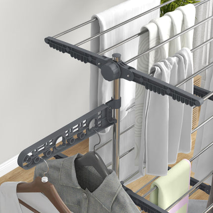 Three-Shelf Collapsible Clothes Horse with Side Arms and Wheels - Grey