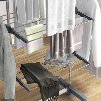 Three-Shelf Collapsible Clothes Horse with Side Arms and Wheels - Grey