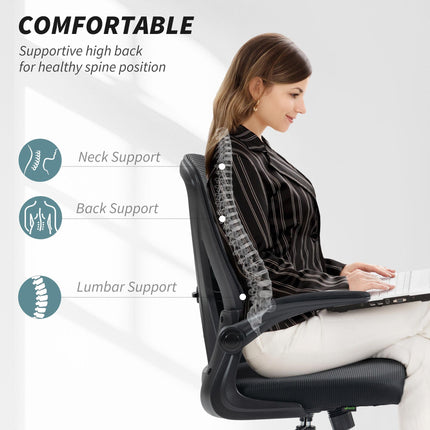Ergonomic Mesh Office Chair with Flip-up Armrests, Lumbar Support & Swivel Wheels - Black