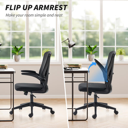 Ergonomic Mesh Office Chair with Flip-up Armrests, Lumbar Support & Swivel Wheels - Black