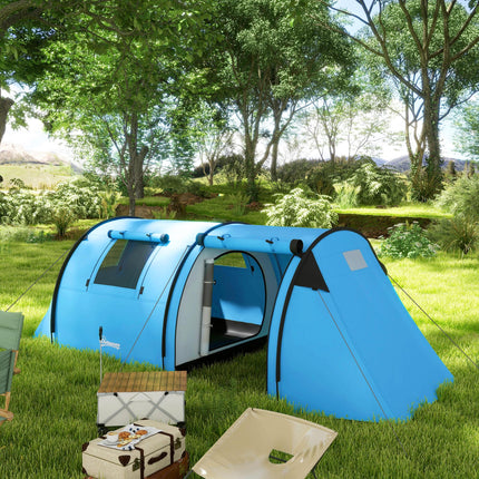 Four Man Duo Tunnel Camping Tent with Two Rooms - Sky Blue
