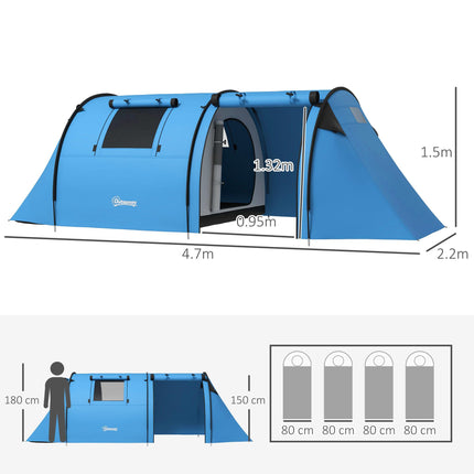 Four Man Duo Tunnel Camping Tent with Two Rooms - Sky Blue