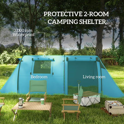 Four Man Duo Tunnel Camping Tent with Two Rooms - Sky Blue