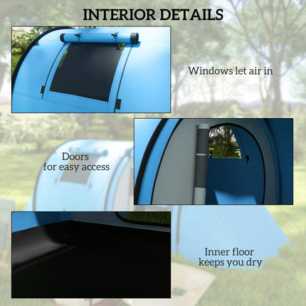 Four Man Duo Tunnel Camping Tent with Two Rooms - Sky Blue