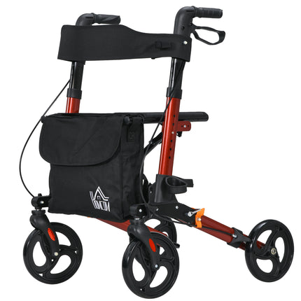 4 Wheel Folding Rollator with Seat, Backrest, Dual Brakes, Cane Holder & Carry Bag for Seniors - Red