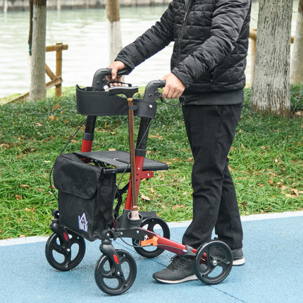 4 Wheel Folding Rollator with Seat, Backrest, Dual Brakes, Cane Holder & Carry Bag for Seniors - Red
