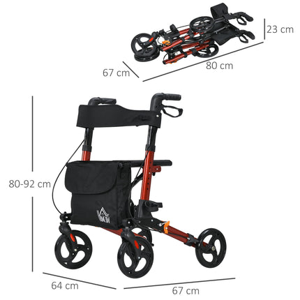 4 Wheel Folding Rollator with Seat, Backrest, Dual Brakes, Cane Holder & Carry Bag for Seniors - Red