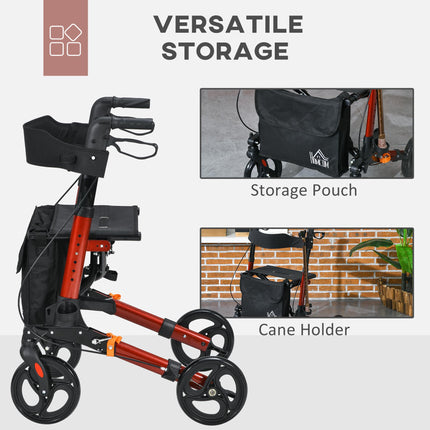 4 Wheel Folding Rollator with Seat, Backrest, Dual Brakes, Cane Holder & Carry Bag for Seniors - Red