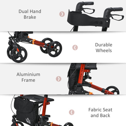 4 Wheel Folding Rollator with Seat, Backrest, Dual Brakes, Cane Holder & Carry Bag for Seniors - Red