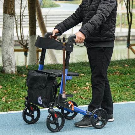 4 Wheel Folding Rollator Walker with Seat, Backrest, Adjustable Height, Dual Brakes & Cane Holder - Blue
