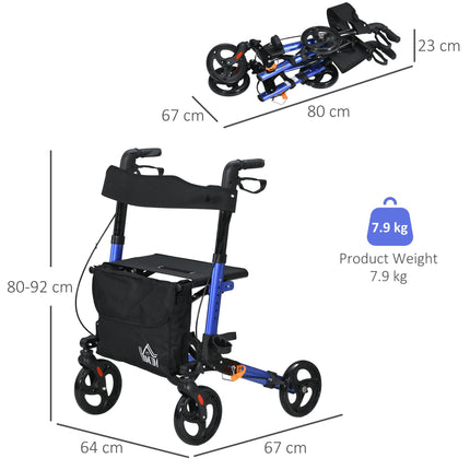 4 Wheel Folding Rollator Walker with Seat, Backrest, Adjustable Height, Dual Brakes & Cane Holder - Blue