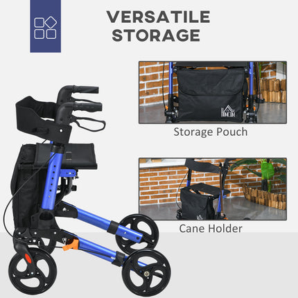 4 Wheel Folding Rollator Walker with Seat, Backrest, Adjustable Height, Dual Brakes & Cane Holder - Blue