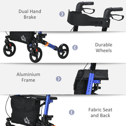 4 Wheel Folding Rollator Walker with Seat, Backrest, Adjustable Height, Dual Brakes & Cane Holder - Blue