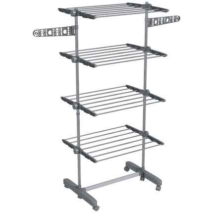 Four-Shelf Collapsible Clothes Horse with Side Arms and Wheels - Grey