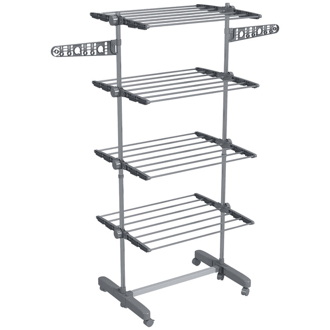 Four-Shelf Collapsible Clothes Horse with Side Arms and Wheels - Grey