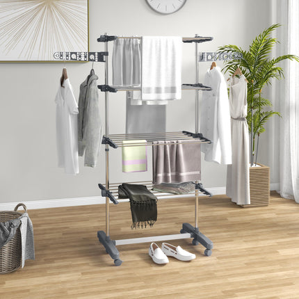 Four-Shelf Collapsible Clothes Horse with Side Arms and Wheels - Grey