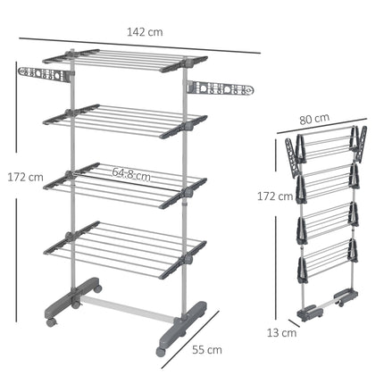 Four-Shelf Collapsible Clothes Horse with Side Arms and Wheels - Grey