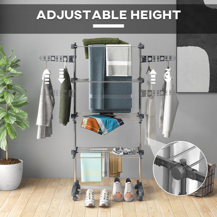 Four-Shelf Collapsible Clothes Horse with Side Arms and Wheels - Grey
