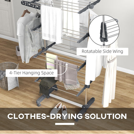 Four-Shelf Collapsible Clothes Horse with Side Arms and Wheels - Grey