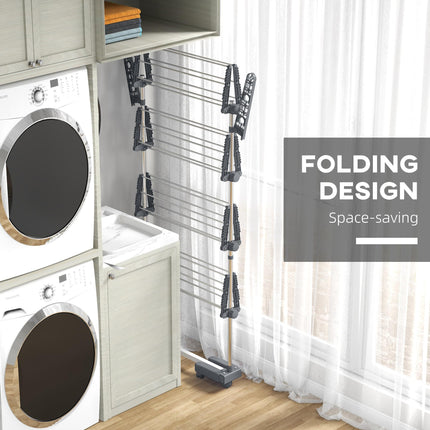 Four-Shelf Collapsible Clothes Horse with Side Arms and Wheels - Grey