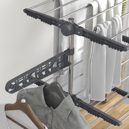 Four-Shelf Collapsible Clothes Horse with Side Arms and Wheels - Grey